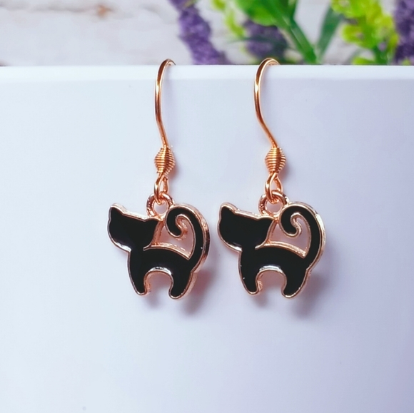 Hand Crafted Jewelry - Spooky Halloween Black Cat Dangle Hook Earrings